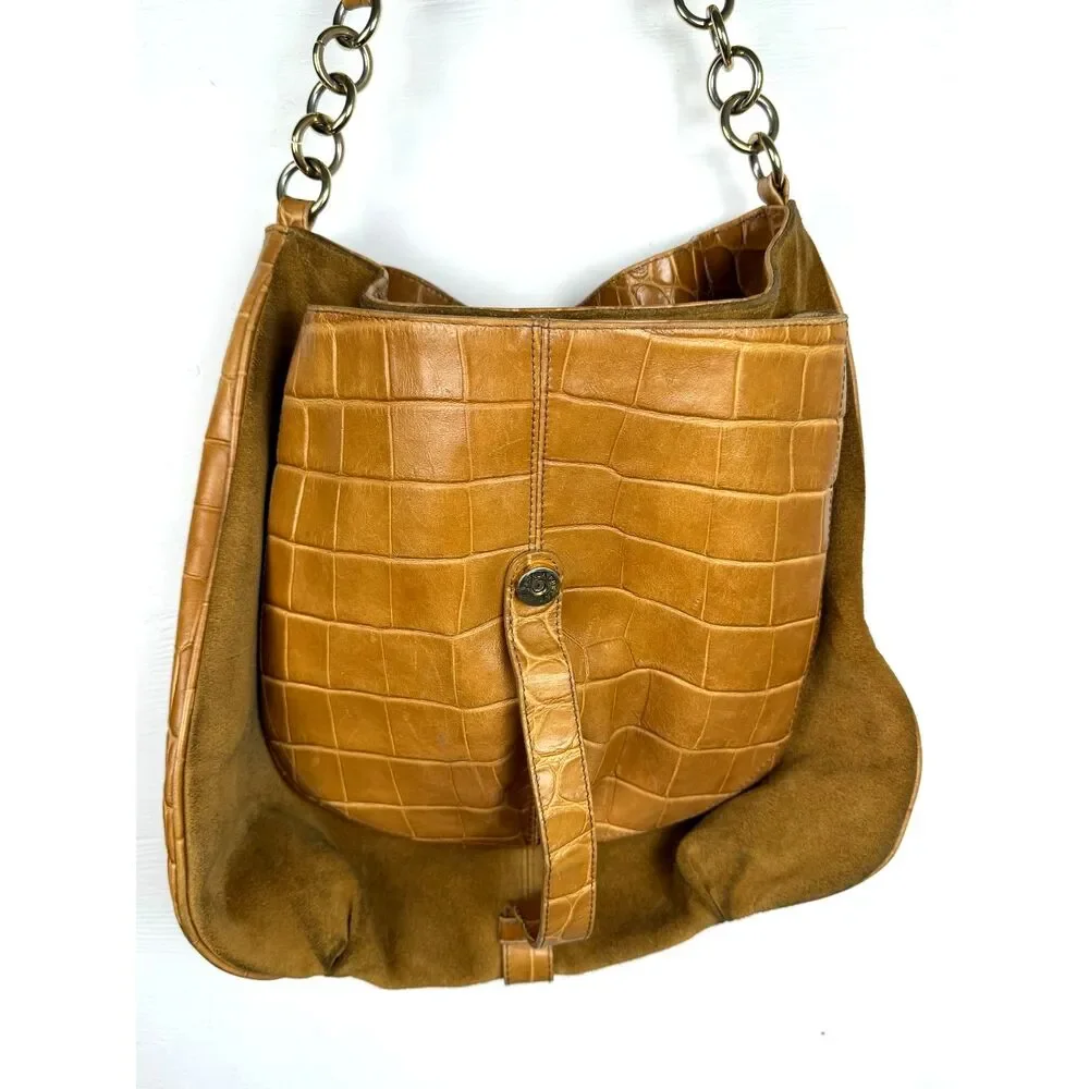 Y2K Vintage Furla Italian Leather Croc‎ Embossed Shoulder Bag Camel Hobo Purse